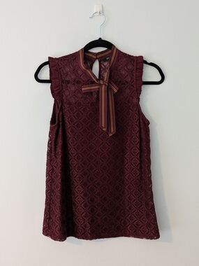 RW&CO. Burgundy Lace Sleeveless Top with Striped Bow